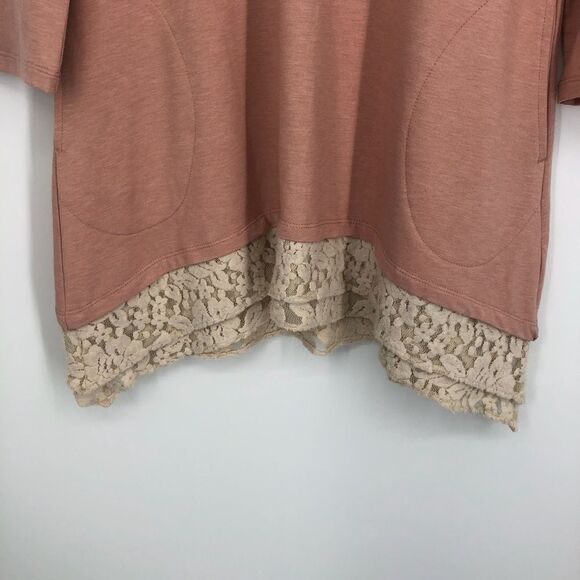 LOGO Lounge Pink V Neck Sweater Top Floral Lace Trim - Picture 4 of 7